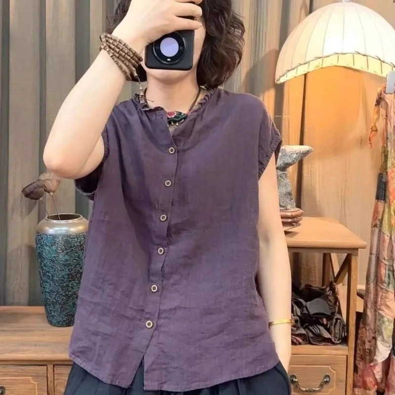 Women's Purple Linen Sleeveless Blouse Ruffled Neckline Button Up Casual Summer Top
Women's Purple Linen Sleeveless Blouse Ruffled Neckline Button Up Casual Summer Top