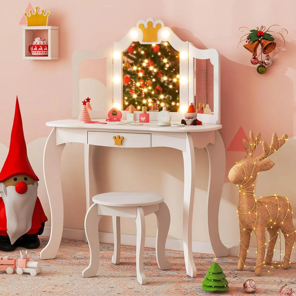 White 2-in-1 Kids Vanity Set with Lighted Mirror and Stool
White 2-in-1 Kids Vanity Set with Lighted Mirror and Stool