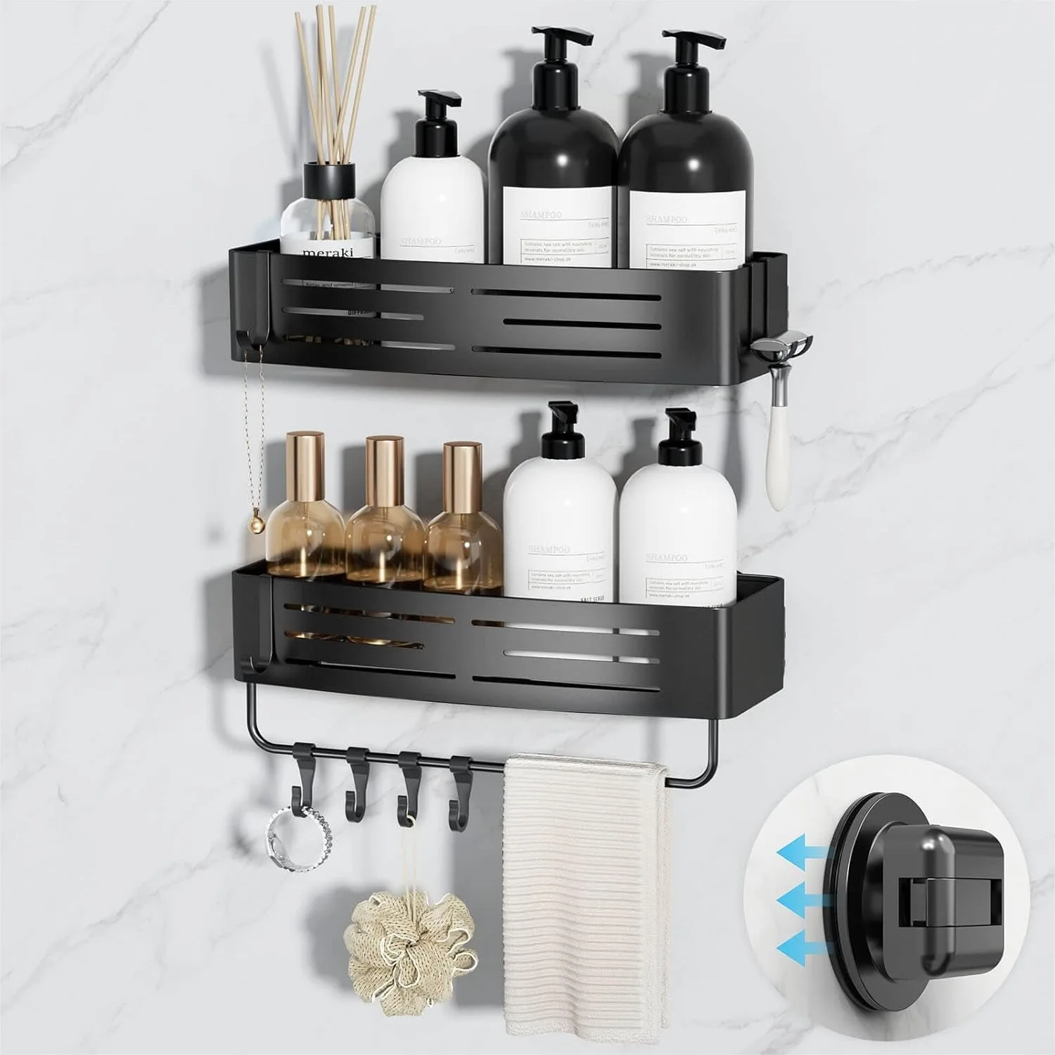 Shower Caddy Suction Cup 2-Pack, Bathroom Shelf Organizer with Hooks and Towel Bar, Matte Black for Corner
Shower Caddy Suction Cup 2-Pack, Bathroom Shelf Organizer with Hooks and Towel Bar, Matte Black for Corner