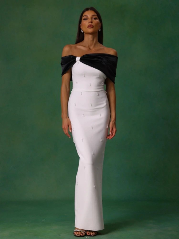 Sexy Off the Shoulder Patchwork Beaded Bandage Dress Women White Black Bowkont Bodycon Long Dresses Evening Party Gowns
Sexy Off the Shoulder Patchwork Beaded Bandage Dress Women White Black Bowkont Bodycon Long Dresses Evening Party Gowns