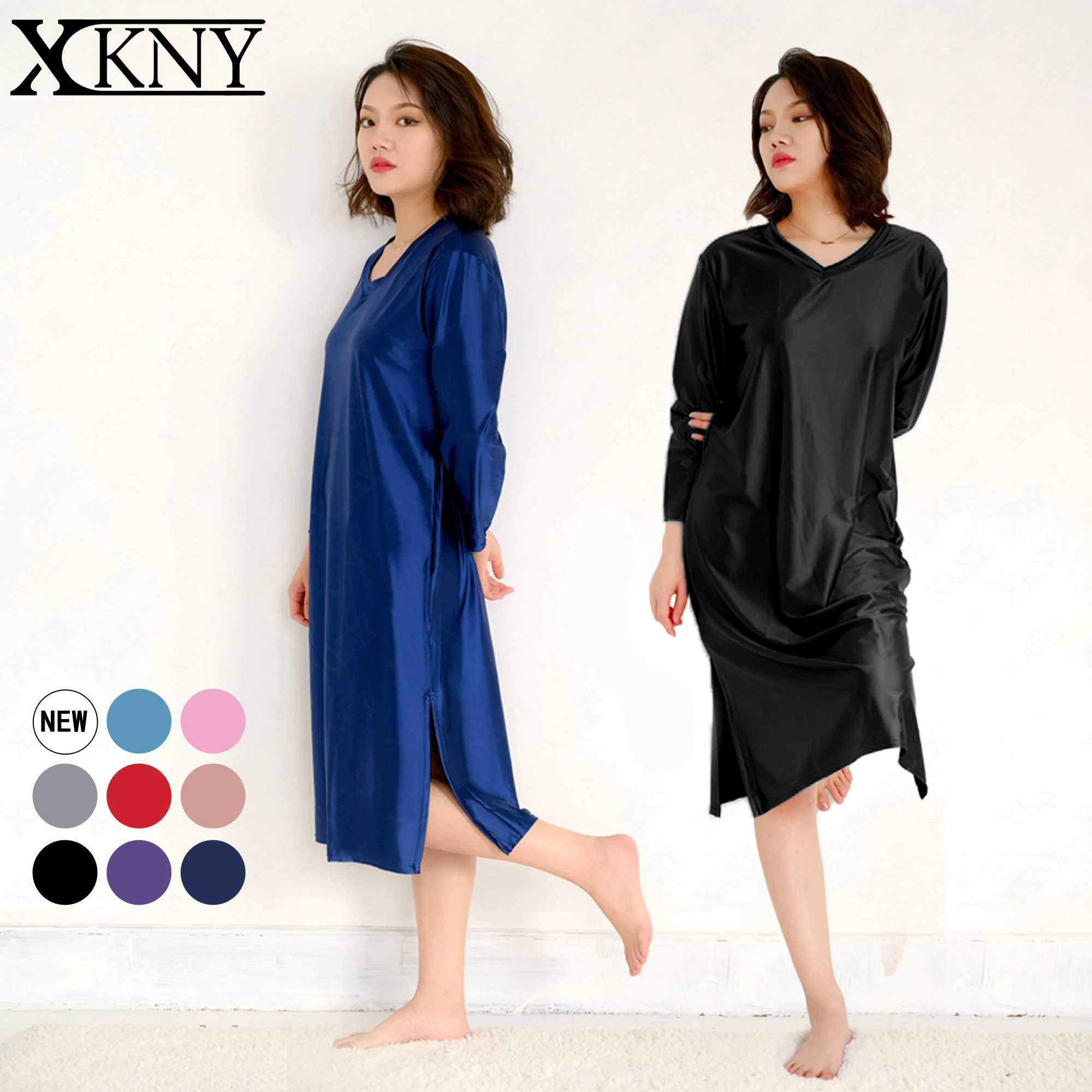 

XCKNY satin Glossy dress smooth long sleeve loose fitting housewear all in one pajamas V-neck comfortable dress Good night dress