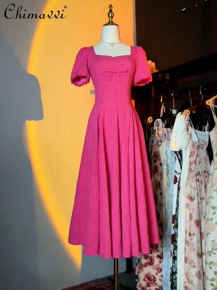French Style Elegant Rose Red Plaid Puff Short Sleeve Square Collar Bow High Waist A- line Long Dress for Women Summer 2024
French Style Elegant Rose Red Plaid Puff Short Sleeve Square Collar Bow High Waist A- line Long Dress for Women Summer 2024