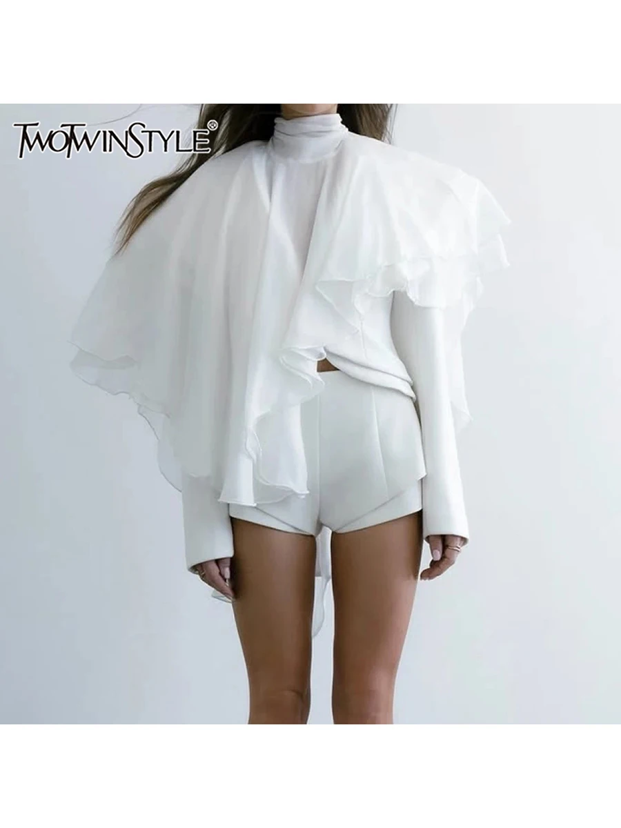 TWOTWINSTYLE Solid Spliced Ruffles Loose Blouses For Women I Neck Long Sleeveless Temperament Minimalsit Shirts Female Fashion
TWOTWINSTYLE Solid Spliced Ruffles Loose Blouses For Women I Neck Long Sleeveless Temperament Minimalsit Shirts Female Fashion