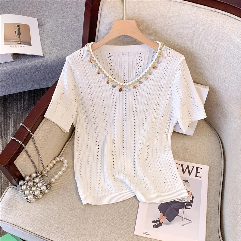 Sequins V-neck Sweater Women Knit T-shirt Tees Summer Short Sleeve Stylish Pullovers Elegant Chic Ladies Knitwear Jumpers 2025
Sequins V-neck Sweater Women Knit T-shirt Tees Summer Short Sleeve Stylish Pullovers Elegant Chic Ladies Knitwear Jumpers 2025