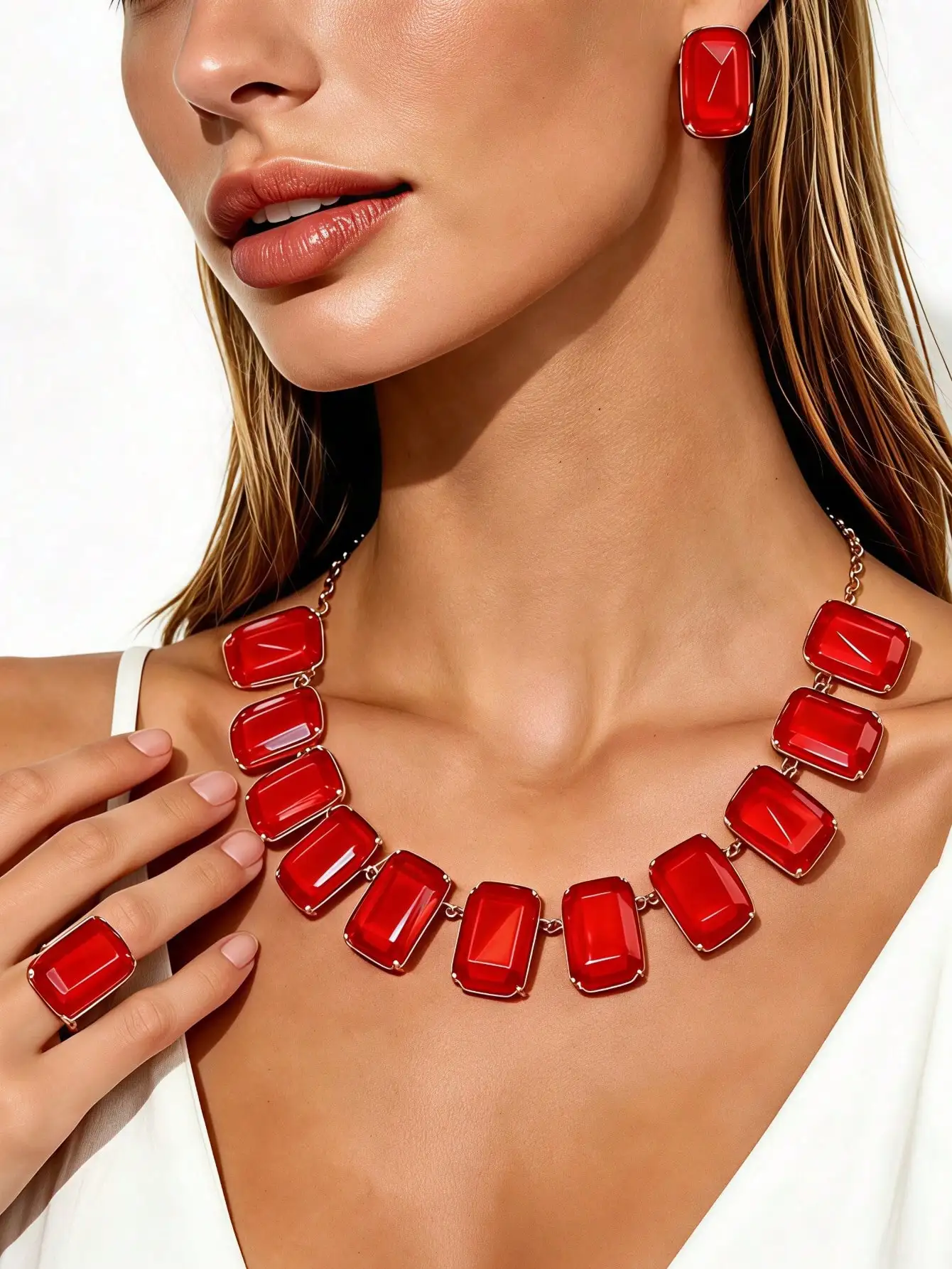 Ladies 3-Piece Set Vintage Style Gemstone-Encrusted Square Cut Resin Necklace Earrings Ring Set Exquisite Heavy Design for Eveni
Ladies 3-Piece Set Vintage Style Gemstone-Encrusted Square Cut Resin Necklace Earrings Ring Set Exquisite Heavy Design for Eveni