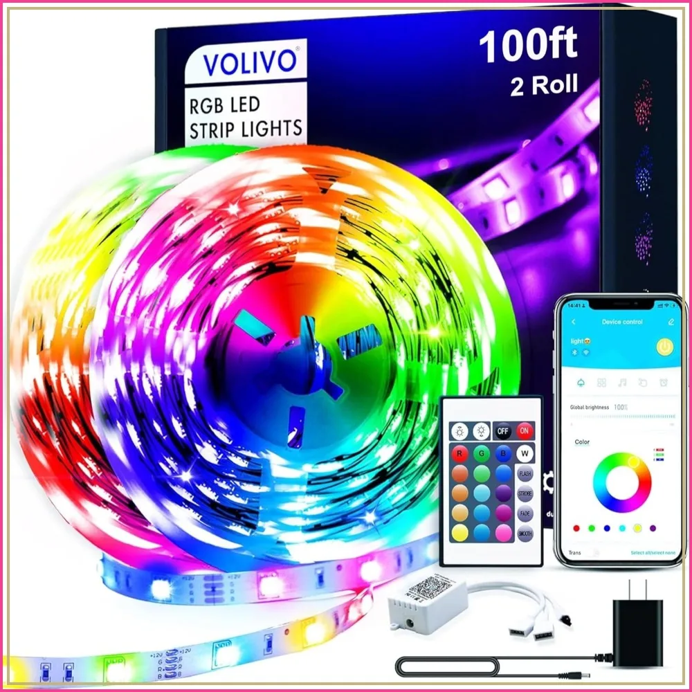 100ft Color Changing LED Strip Lights, Bluetooth & IR Control, Music Sync, RGB for Bedroom Decor
100ft Color Changing LED Strip Lights, Bluetooth & IR Control, Music Sync, RGB for Bedroom Decor