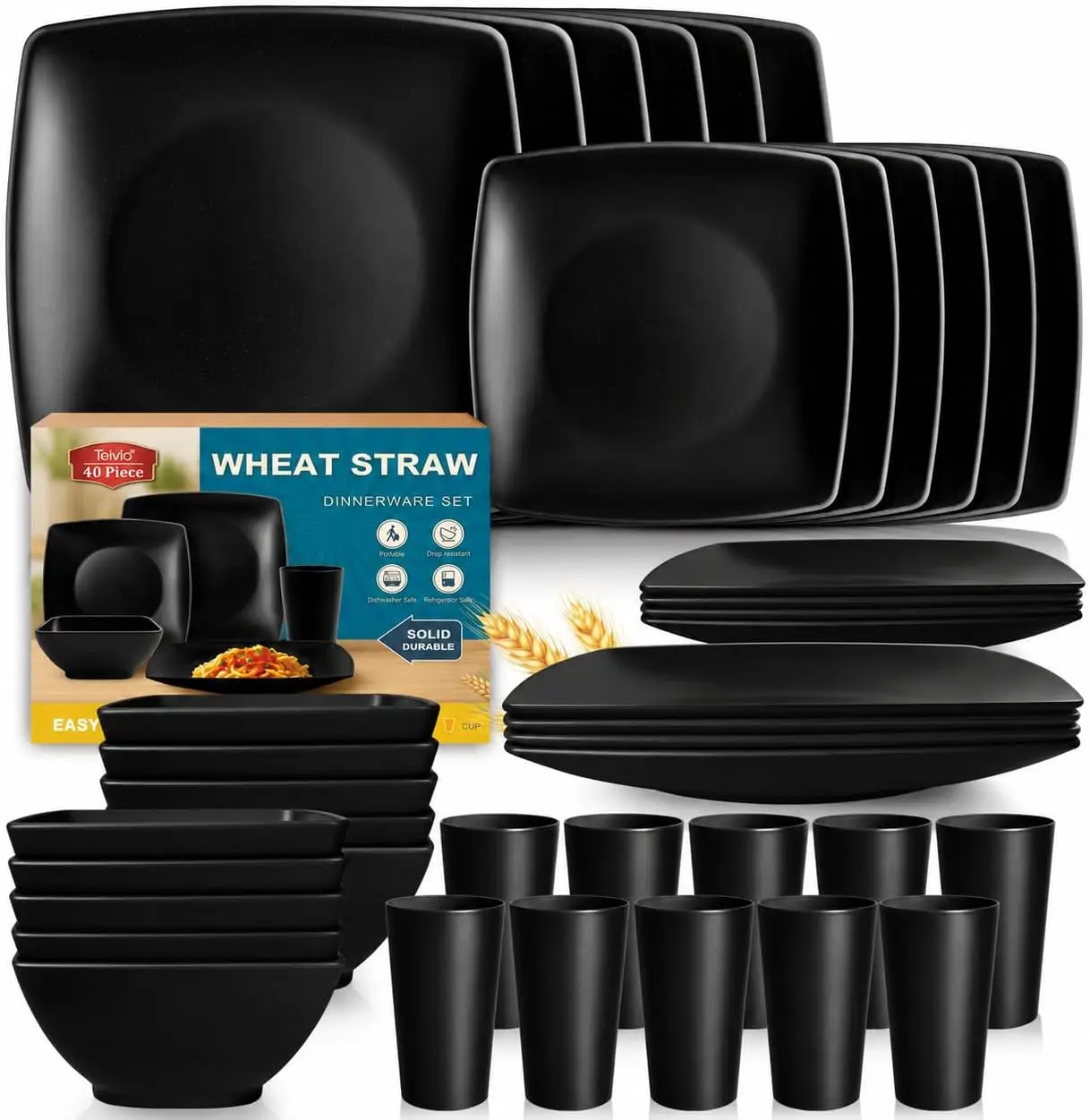 40-Piece Square Dinnerware Set for 10, Unbreakable Wheat Straw Plates & Bowls, Dishwasher Safe, Black
40-Piece Square Dinnerware Set for 10, Unbreakable Wheat Straw Plates & Bowls, Dishwasher Safe, Black