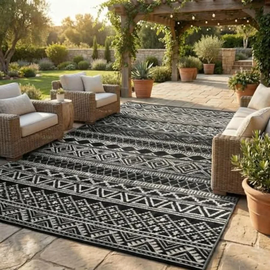 Outdoor Rug 9x12 for Patio, Deck, Porch, Balcony, RV, Camping, Picnic, Beach Reversible Plastic Straw, Waterproof, Black/White
Outdoor Rug 9x12 for Patio, Deck, Porch, Balcony, RV, Camping, Picnic, Beach Reversible Plastic Straw, Waterproof, Black/White