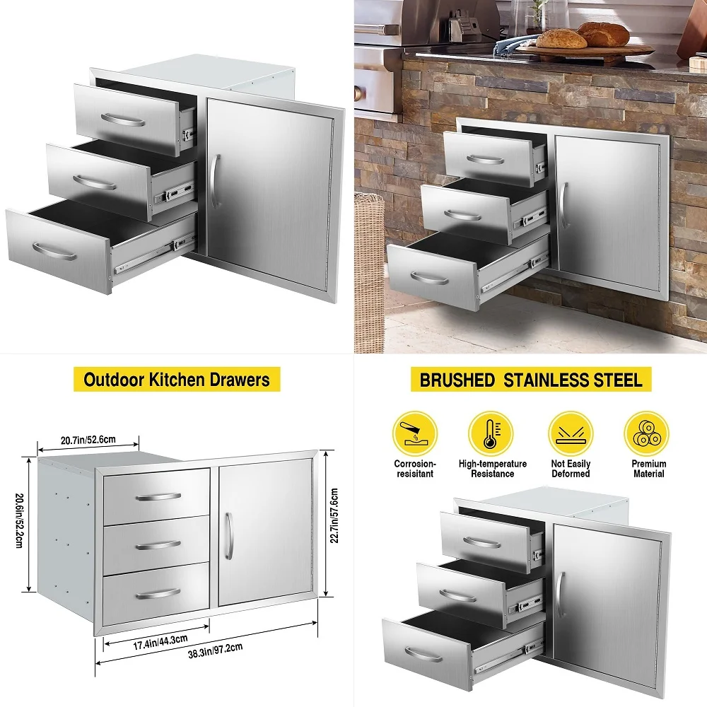 Kitchen Drawer Combo BBQ Access Triple Drawers with Single Door 38.3W x 22.7H x 20.7D with Handles for BBQ Island Grill Station
Kitchen Drawer Combo BBQ Access Triple Drawers with Single Door 38.3W x 22.7H x 20.7D with Handles for BBQ Island Grill Station
