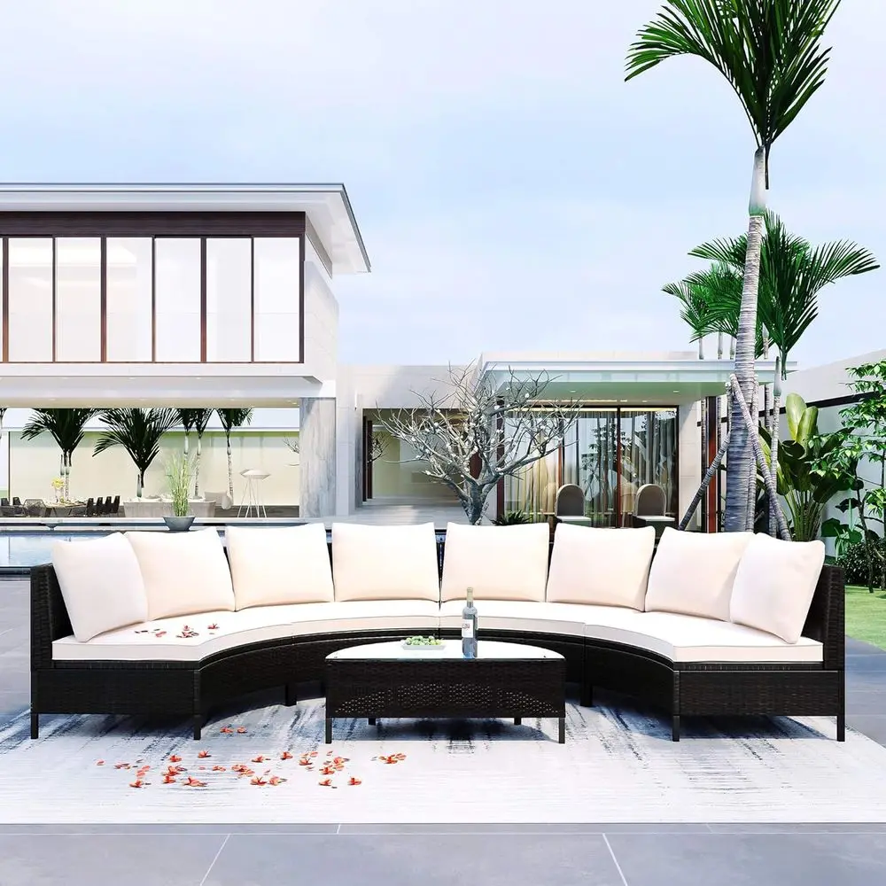 5-Piece Outdoor Patio Sectional Sofa Set with Half-Moon Wicker and Tempered Glass Table for Backyard, Poolside, and Lawn (Beige)
5-Piece Outdoor Patio Sectional Sofa Set with Half-Moon Wicker and Tempered Glass Table for Backyard, Poolside, and Lawn (Beige)