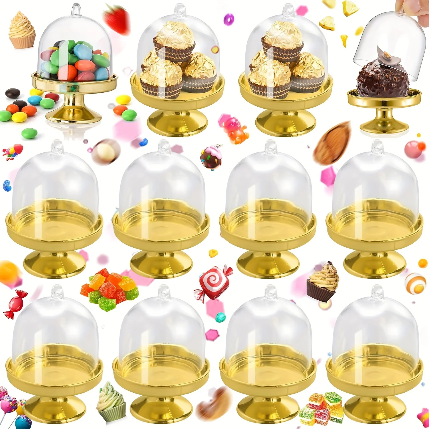 48pcs Elegant Golden Plastic Mini Cake Stands with Dome Lids - Ideal for Chocolates, Candies And Desserts | Perfect for Weddings, Birthdays, Holidays | Versatile Display Containers for Halloween, Christmas, Thanksgiving Decor
48pcs Elegant Golden Plastic Mini Cake Stands with Dome Lids - Ideal for Chocolates, Candies And Desserts | Perfect for Weddings, Birthdays, Holidays | Versatile Display Containers for Halloween, Christmas, Thanksgiving Decor