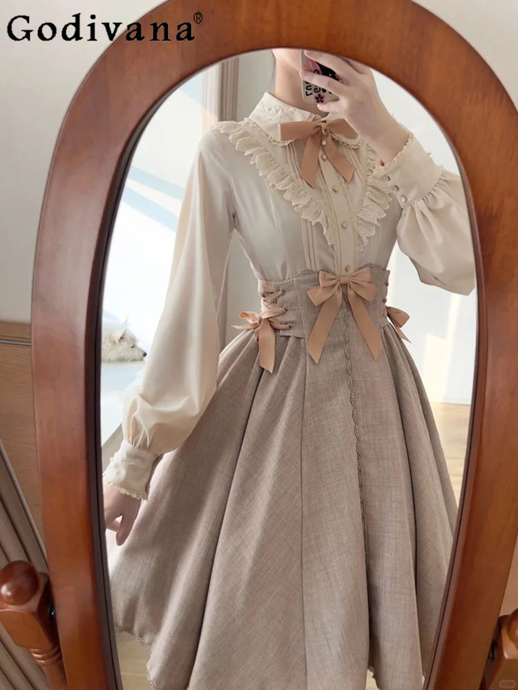 Lolita Sweet Long-sleeved Shirt + High Waist Strap Bow Skirt Set Women's Elegant Retro Top+Skirt Two-piece Set Spring Outfit
Lolita Sweet Long-sleeved Shirt + High Waist Strap Bow Skirt Set Women's Elegant Retro Top+Skirt Two-piece Set Spring Outfit