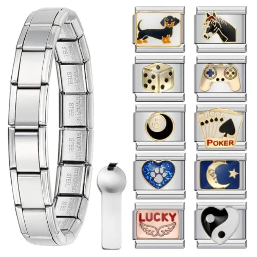 Italian Charm Bracelet with 10 or 20 Charms, Stainless Steel Adjustable DIY Charm Bracelet for Women and Men, Includes Opener T
Italian Charm Bracelet with 10 or 20 Charms, Stainless Steel Adjustable DIY Charm Bracelet for Women and Men, Includes Opener T