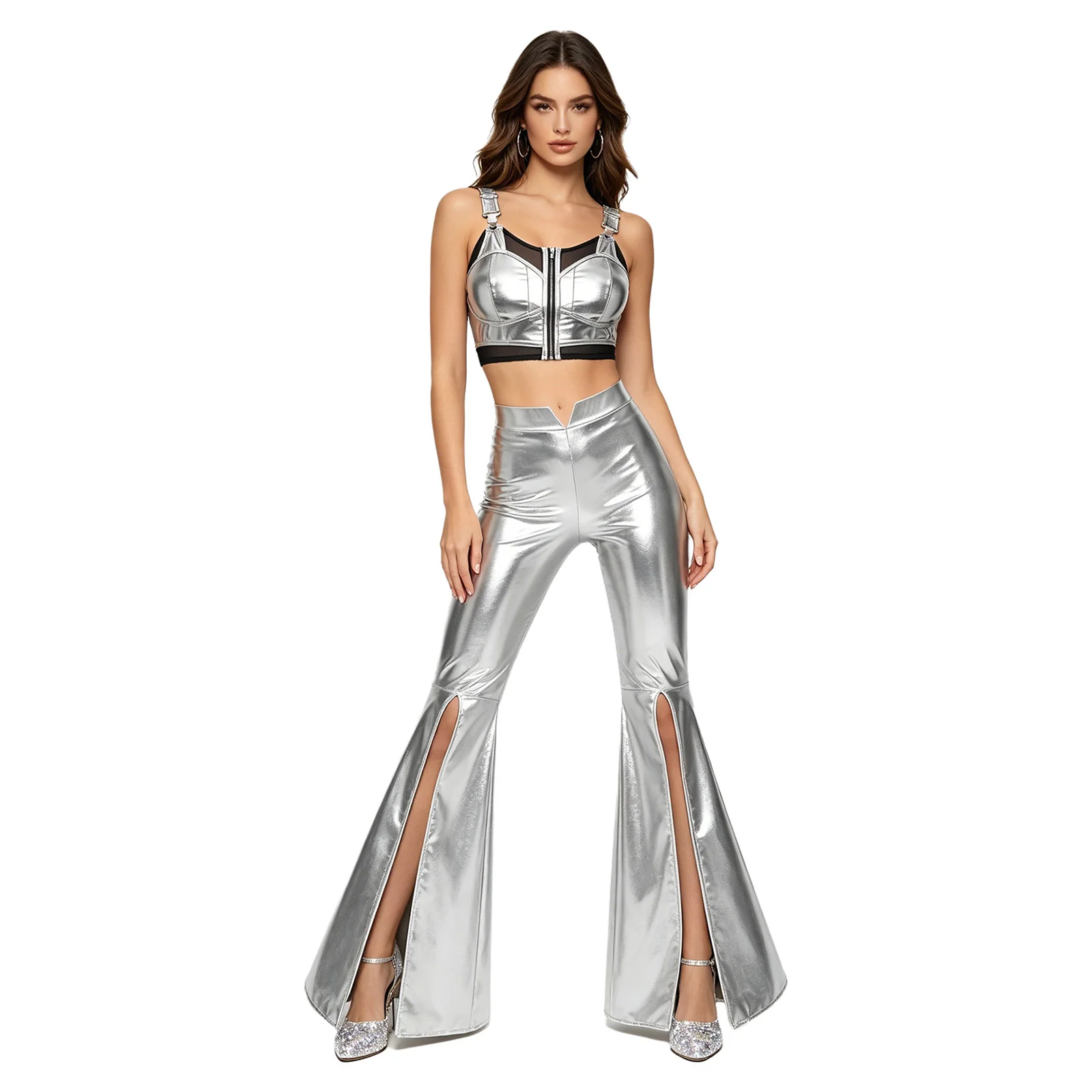 Women Metallic Shiny 70s Disco Costume Sheer Mesh Adjustable Straps Zipper Vest with Flared Pants Clubwear Jazz Dance Outfit
Women Metallic Shiny 70s Disco Costume Sheer Mesh Adjustable Straps Zipper Vest with Flared Pants Clubwear Jazz Dance Outfit