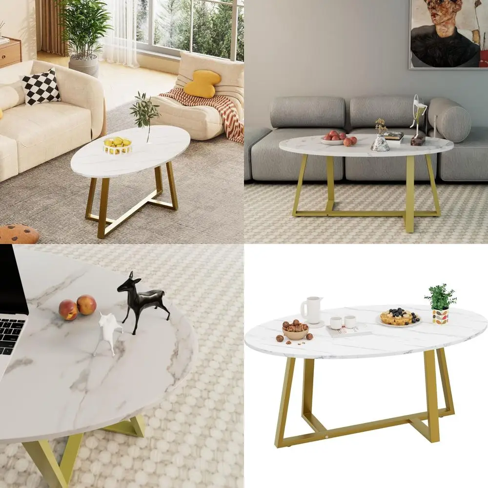 Modern Oval White Marble-Look Coffee Table, Compact Gold Metal Leg Accent Table for Living Spaces
Modern Oval White Marble-Look Coffee Table, Compact Gold Metal Leg Accent Table for Living Spaces