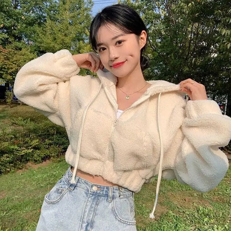 Pure Color Lamb Fur Hoodie Women's Zipper Short Style Autumn Winter Slimming Outerwear Casual Comfortable Long Sleeve Sweatshirt
Pure Color Lamb Fur Hoodie Women's Zipper Short Style Autumn Winter Slimming Outerwear Casual Comfortable Long Sleeve Sweatshirt