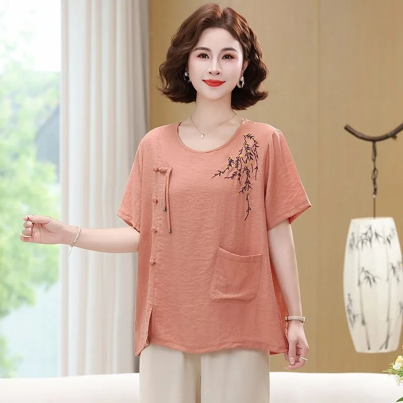 Women's Cotton Linen Blouse with Embroidery Short Sleeve Casual Summer Shirt for Middle-aged
Women's Cotton Linen Blouse with Embroidery Short Sleeve Casual Summer Shirt for Middle-aged