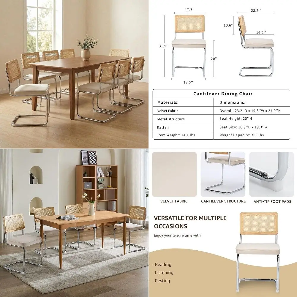 Dining Chairs Set of 8, MidCentury Modern Kitchen Chairs with Cane Back, Beige Velvet Upholstered Dining Room Chairs with Chrom
Dining Chairs Set of 8, MidCentury Modern Kitchen Chairs with Cane Back, Beige Velvet Upholstered Dining Room Chairs with Chrom