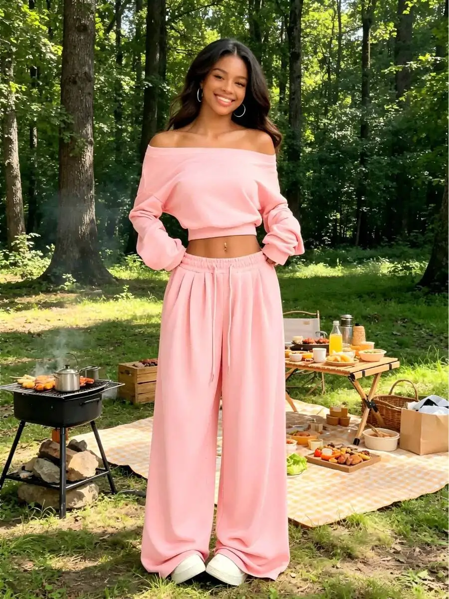 Women Off-Shoulder 2-Piece Loungewear Set Long Sleeve Crop Top High Waist Wide Leg Pants
Women Off-Shoulder 2-Piece Loungewear Set Long Sleeve Crop Top High Waist Wide Leg Pants