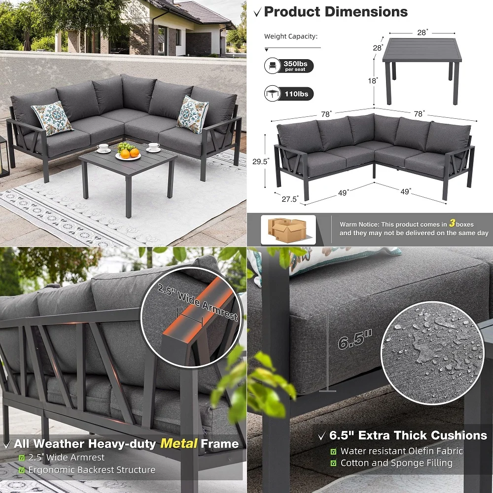 Furniture Set, 6 Pieces Outdoor Couch Sectional, L Shaped Patio Sofa, Metal Patio Couch Sectional with Side Table, Outdoor Seat
Furniture Set, 6 Pieces Outdoor Couch Sectional, L Shaped Patio Sofa, Metal Patio Couch Sectional with Side Table, Outdoor Seat