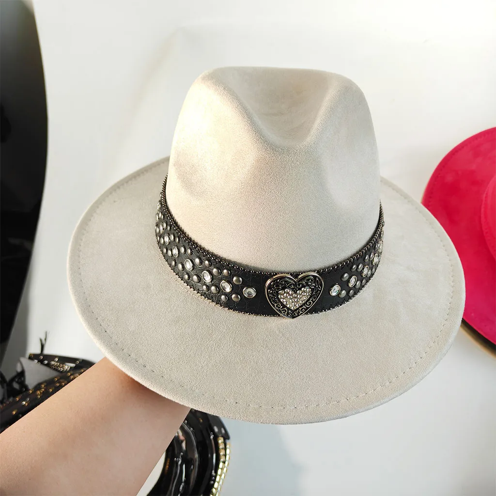 Vintage suede fedora jazz hat simple Suede Felt Hat Studded Leather Belt Heart Buckle Panama Cap Men Women Punk Rock Sombrero
Vintage suede fedora jazz hat simple Suede Felt Hat Studded Leather Belt Heart Buckle Panama Cap Men Women Punk Rock Sombrero