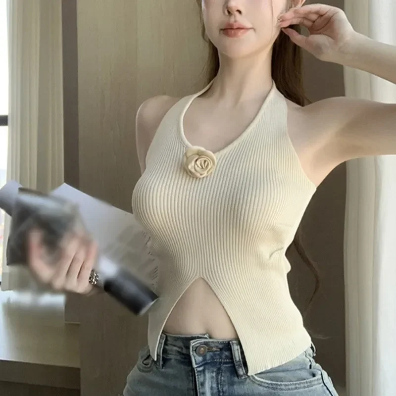 Summer Sweet Girls Slim Fit Exposed Navel Knitted Crop Tops Solid Color Halterneck Three Dimensional Flower Split Y2k Camisoles
Summer Sweet Girls Slim Fit Exposed Navel Knitted Crop Tops Solid Color Halterneck Three Dimensional Flower Split Y2k Camisoles