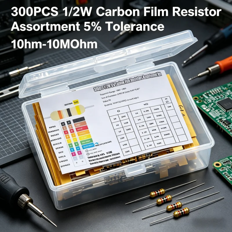 300PCS 1/2W Carbon Film Resistor Assortment 5% Tolerance 1Ohm-10MOhm 30 Values for Electronic Repair DIY Hobbyists Students
300PCS 1/2W Carbon Film Resistor Assortment 5% Tolerance 1Ohm-10MOhm 30 Values for Electronic Repair DIY Hobbyists Students