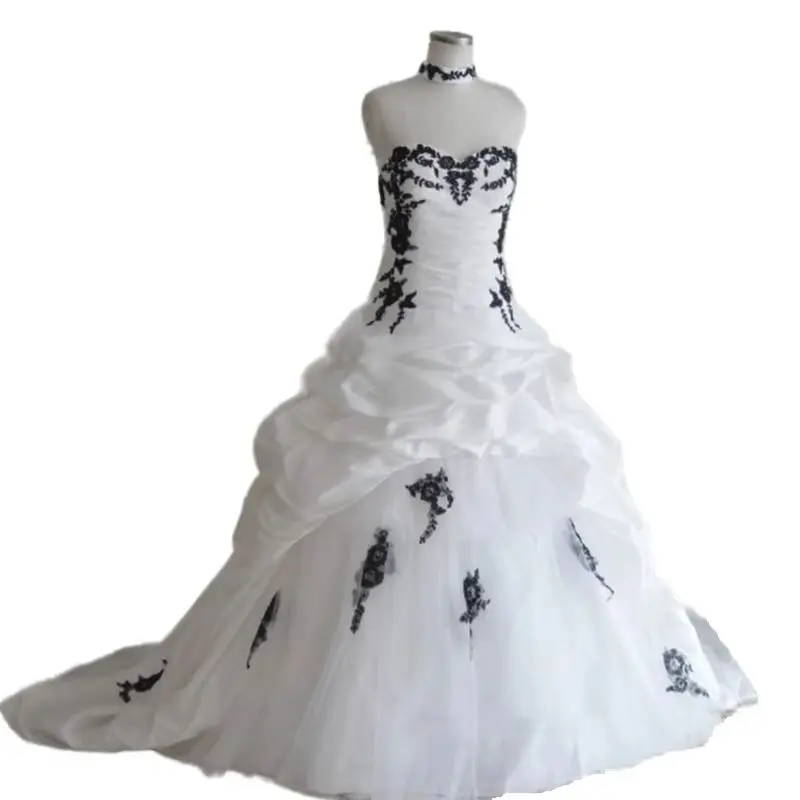 Vintage Black and White Wedding Dresses With Lace Appliques Ruched Corset Gothic Bridal Gowns Customized
Vintage Black and White Wedding Dresses With Lace Appliques Ruched Corset Gothic Bridal Gowns Customized