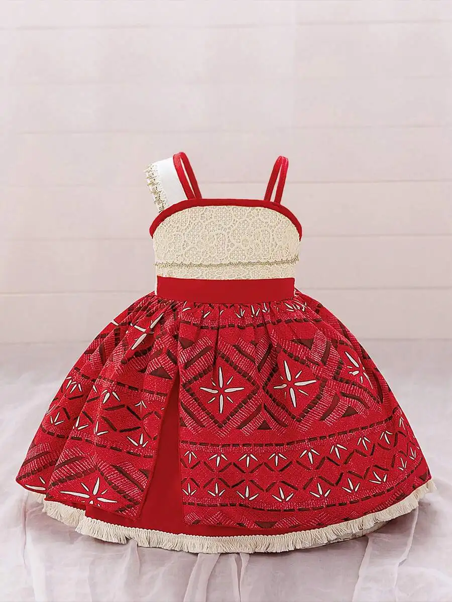 Women Sleeveless Lace Dress With Red Trim And Gold Trim Detail For Party
Women Sleeveless Lace Dress With Red Trim And Gold Trim Detail For Party
