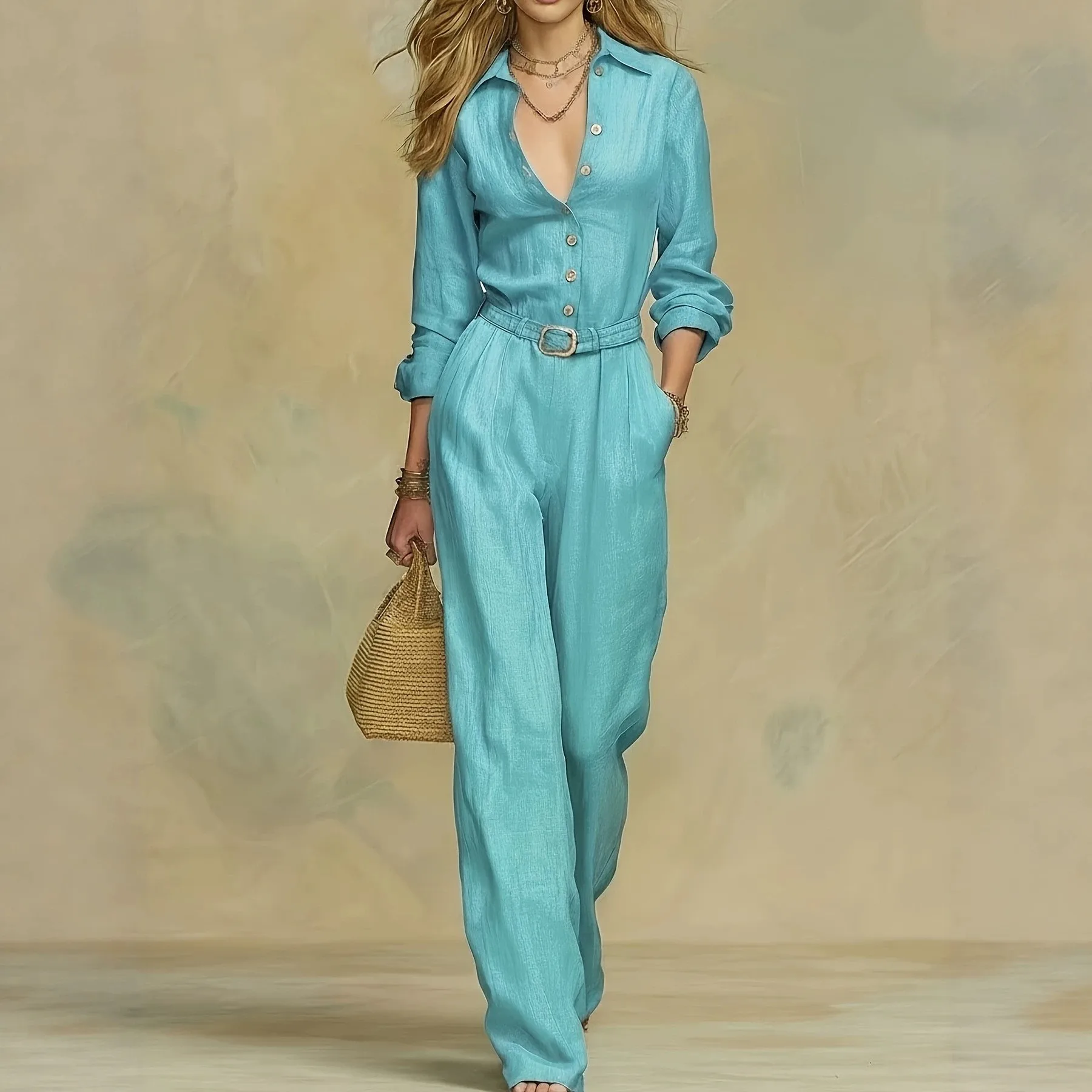 Casual Jumpsuit For Woman Turquoise Button Front Jumpsuits Women's Wide Leg Romper Female Pleated Waist Long Jumpsuit Solid
Casual Jumpsuit For Woman Turquoise Button Front Jumpsuits Women's Wide Leg Romper Female Pleated Waist Long Jumpsuit Solid