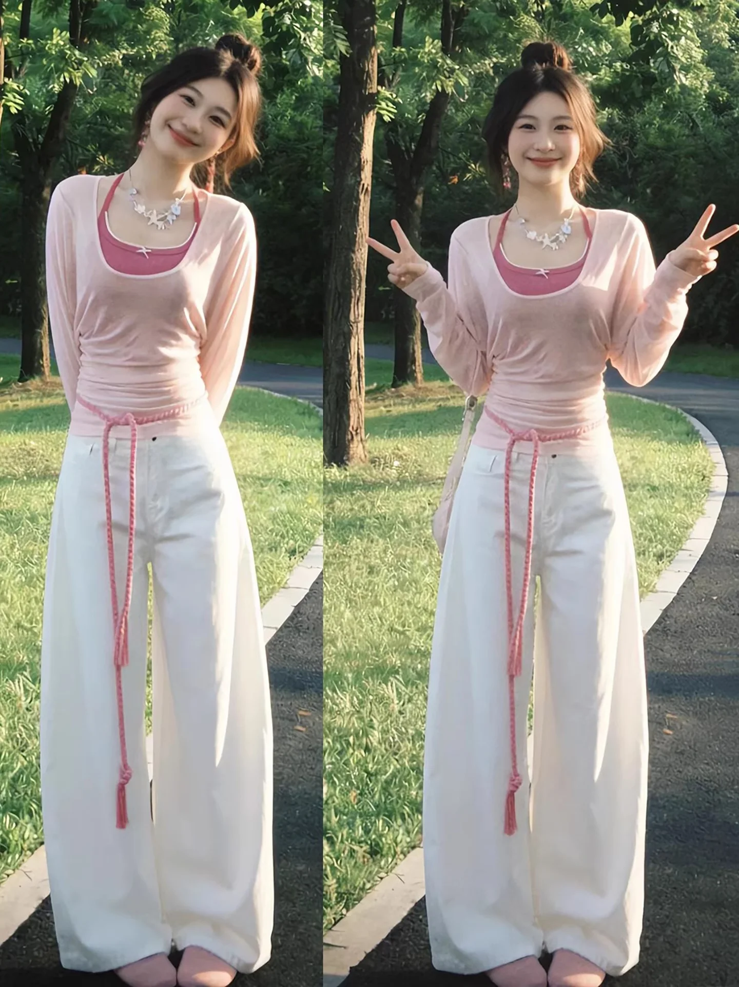 Summer Elegant Pink Long Sleeve Shirt Wide Leg High Waist Cutoff Waist Beautiful Three Piece Set Casual Fashion Women's Ensemble
Summer Elegant Pink Long Sleeve Shirt Wide Leg High Waist Cutoff Waist Beautiful Three Piece Set Casual Fashion Women's Ensemble