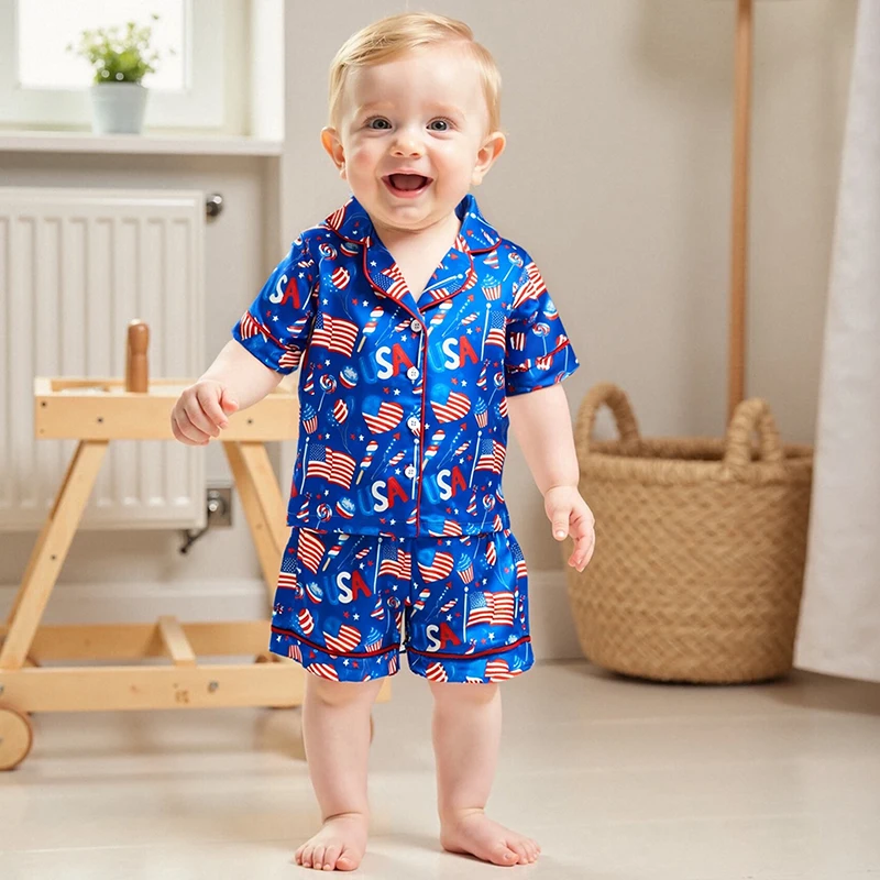 Independence Day Boys Pajama Set with American Flag Print Short Sleeve Shirt and Elastic Waist Shorts - 2 Piece Lounge Suit
Independence Day Boys Pajama Set with American Flag Print Short Sleeve Shirt and Elastic Waist Shorts - 2 Piece Lounge Suit