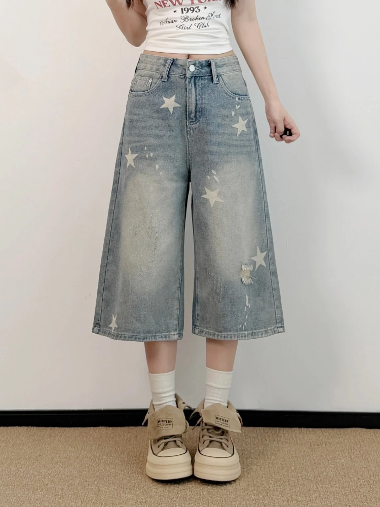Retro Star Print plus Size Denim Wide Leg Pants Women's Summer New Loose Straight Cut Seven-Foot-Middle Pants Casual High Waist
Retro Star Print plus Size Denim Wide Leg Pants Women's Summer New Loose Straight Cut Seven-Foot-Middle Pants Casual High Waist