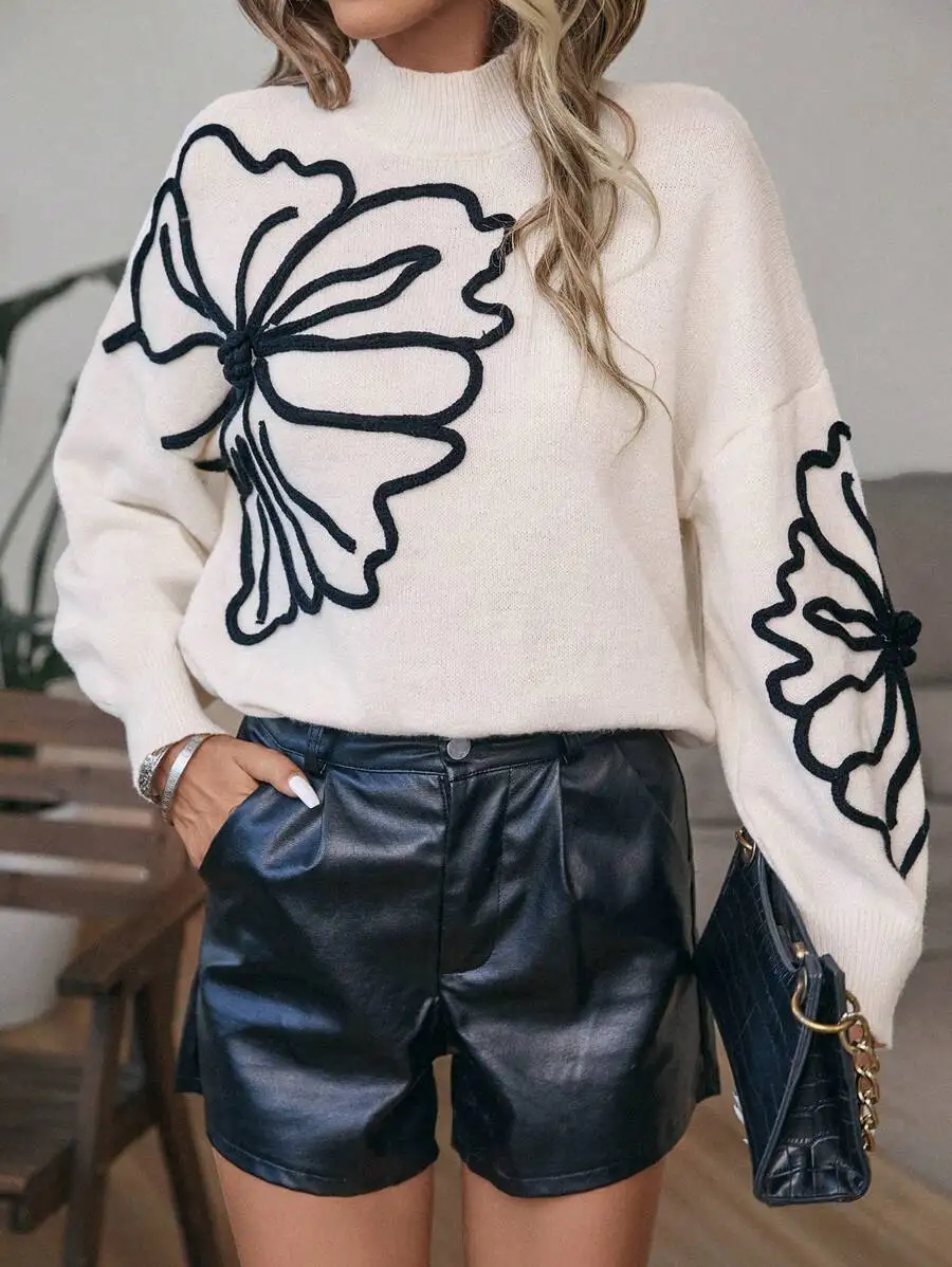 Cream Floral Outline Mock Neck Drop Shoulder Knit Pullover Sweater
Cream Floral Outline Mock Neck Drop Shoulder Knit Pullover Sweater
