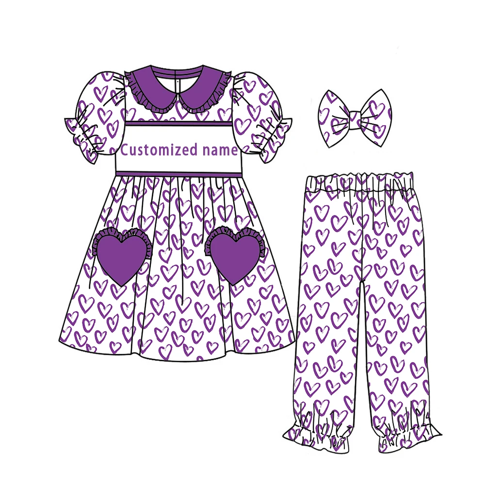 Valentine's Day kid's Outfit Set ruffled dress paired trousers boys and girls heart-shaped cartoon print milk silk fabric Custom
Valentine's Day kid's Outfit Set ruffled dress paired trousers boys and girls heart-shaped cartoon print milk silk fabric Custom