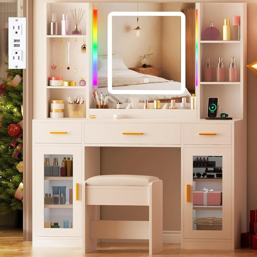 Vanity Desk with Mirror and Lights 3 Colors 43.3" Makeup Vanity Table Set with RGB Lights and Power Strip Large with 3 Drawers
Vanity Desk with Mirror and Lights 3 Colors 43.3" Makeup Vanity Table Set with RGB Lights and Power Strip Large with 3 Drawers