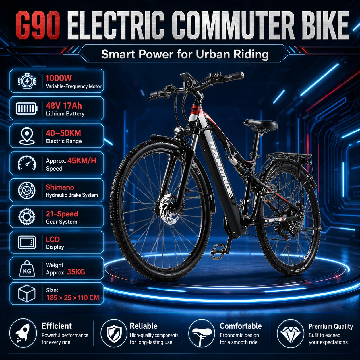 G90 Powerful Electric Commuter Bike 1000W Variable-Frequency Motor 48V 17Ah Battery 21-Speed Transmission and 150KG Max Load
G90 Powerful Electric Commuter Bike 1000W Variable-Frequency Motor 48V 17Ah Battery 21-Speed Transmission and 150KG Max Load