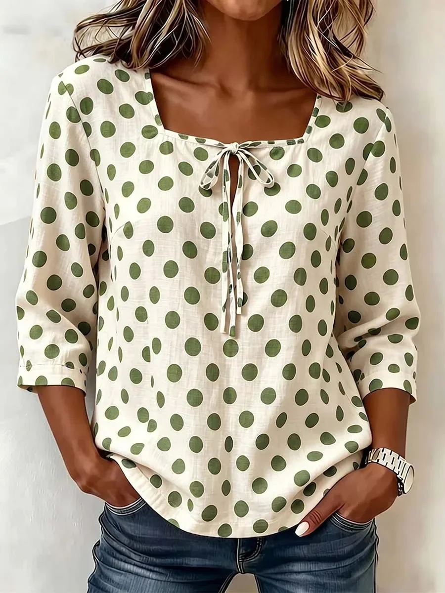 2026 Women's Square Neck Polka Dot Blouse Summer 3/4 Sleeve Tie Front Loose Casual Shirt Vintage Bohemian Daily Wear Boho Top
2026 Women's Square Neck Polka Dot Blouse Summer 3/4 Sleeve Tie Front Loose Casual Shirt Vintage Bohemian Daily Wear Boho Top
