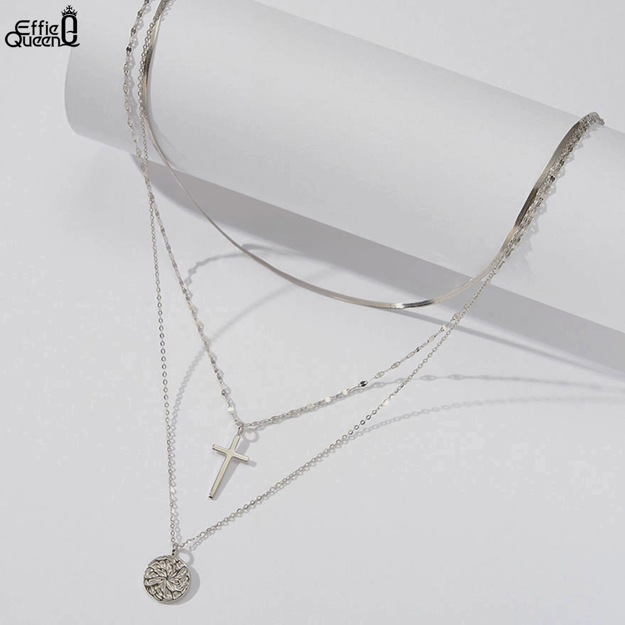 EFFIE QUEEN Chic 925 Sterling Silver Three Layered Necklace, Cross Design Texture Pendant Perfect for Special Occasions BQN08
EFFIE QUEEN Chic 925 Sterling Silver Three Layered Necklace, Cross Design Texture Pendant Perfect for Special Occasions BQN08