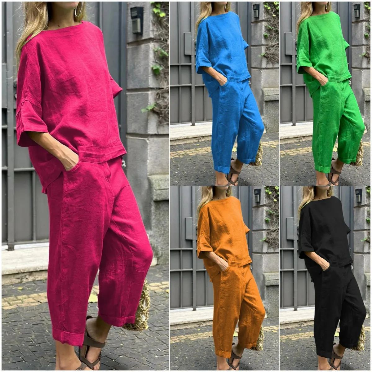 2025 Women's 2-piece Sets O-neck Shirt 7-point Sleeve Cotton Linen Solid Color High Waist Loose Trousers Elegant Basic Suit
2025 Women's 2-piece Sets O-neck Shirt 7-point Sleeve Cotton Linen Solid Color High Waist Loose Trousers Elegant Basic Suit