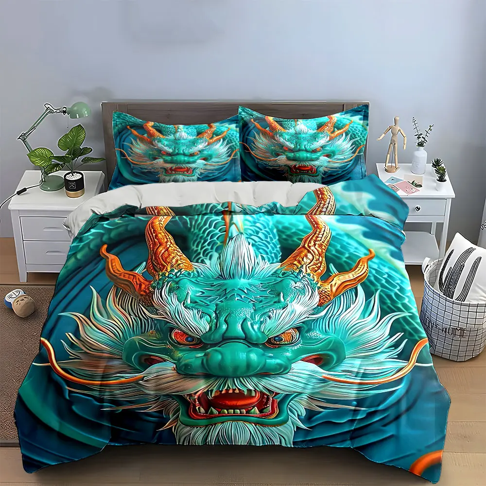Turquoise Chinese Dragon Bedding Set, Majestic Teal Dragon with Golden Horns Print Duvet Cover + 2 Pillowcases, Mythical Decor
Turquoise Chinese Dragon Bedding Set, Majestic Teal Dragon with Golden Horns Print Duvet Cover + 2 Pillowcases, Mythical Decor