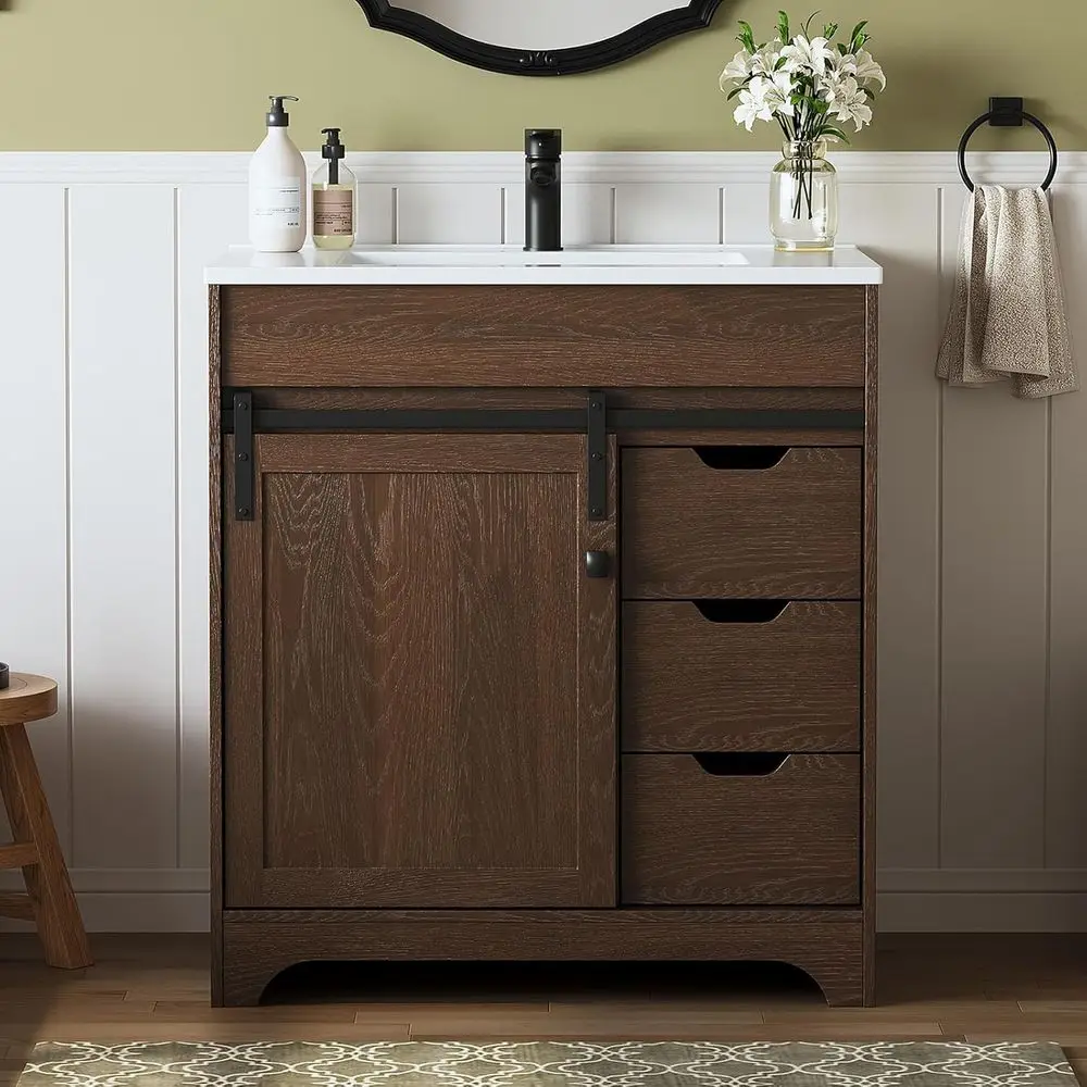 30 Sliding Barn Door Vanity with Sink, Easy Assembly Cabinet, Adjustable Feet, Brown
30 Sliding Barn Door Vanity with Sink, Easy Assembly Cabinet, Adjustable Feet, Brown