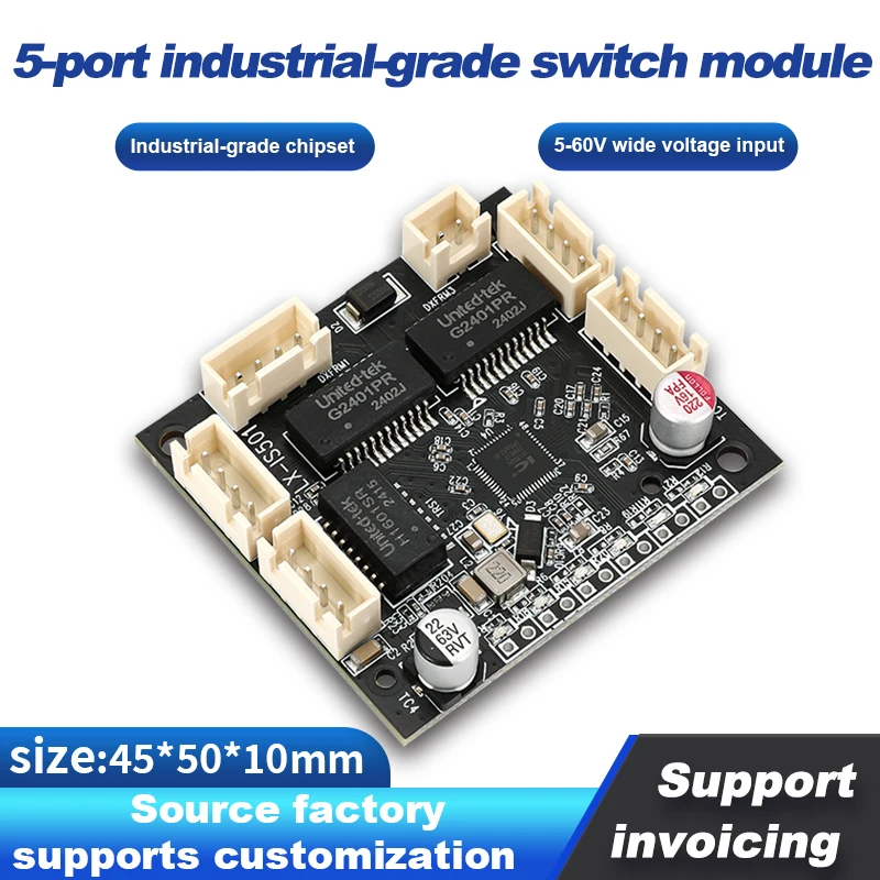 HUASIFEI 5-port 100Mbps Industrial Grade Switch Module DC 5-60V Power Switch PCBA
HUASIFEI 5-port 100Mbps Industrial Grade Switch Module DC 5-60V Power Switch PCBA