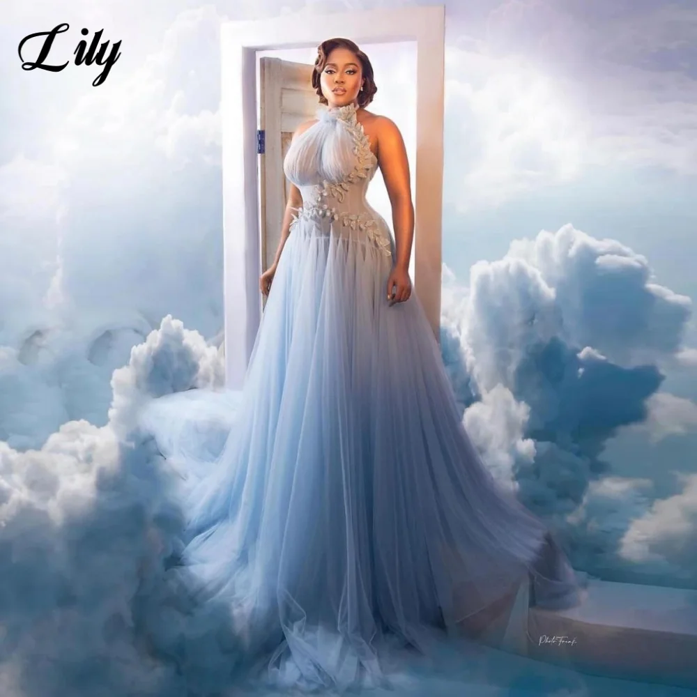 Lily Blue Elegant Formal Gown Halter Sleeveless Appliques Prom Dress A-Line Pleating Party Evening Dresses for Woman Customized
Lily Blue Elegant Formal Gown Halter Sleeveless Appliques Prom Dress A-Line Pleating Party Evening Dresses for Woman Customized