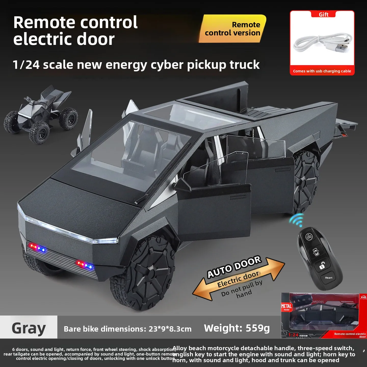1:24 Cybertruck RC Alloy Car Electric Door Sound And Light Pull Back Function Simulation Model Toy Car Boys Birthday Gift
1:24 Cybertruck RC Alloy Car Electric Door Sound And Light Pull Back Function Simulation Model Toy Car Boys Birthday Gift