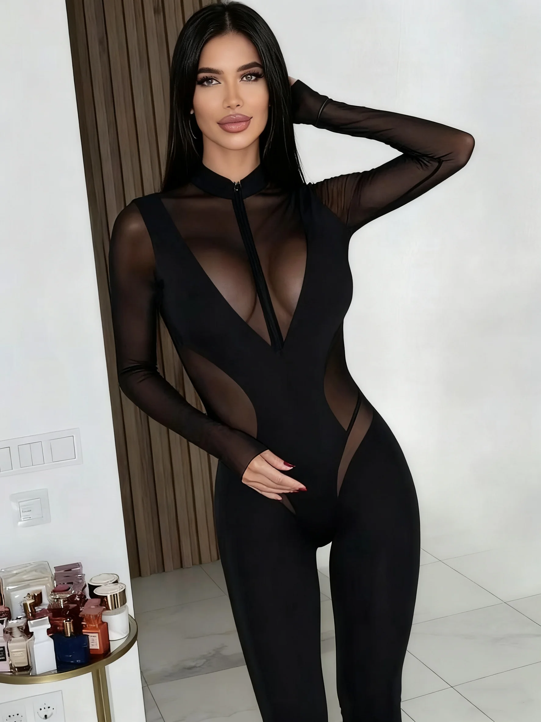 Sisterlinda Patchwork Jumpsuits Women High Neck Zipper Long Sleeve See Through Stretch Skinny Midnight Coquett Party Clubwear
Sisterlinda Patchwork Jumpsuits Women High Neck Zipper Long Sleeve See Through Stretch Skinny Midnight Coquett Party Clubwear