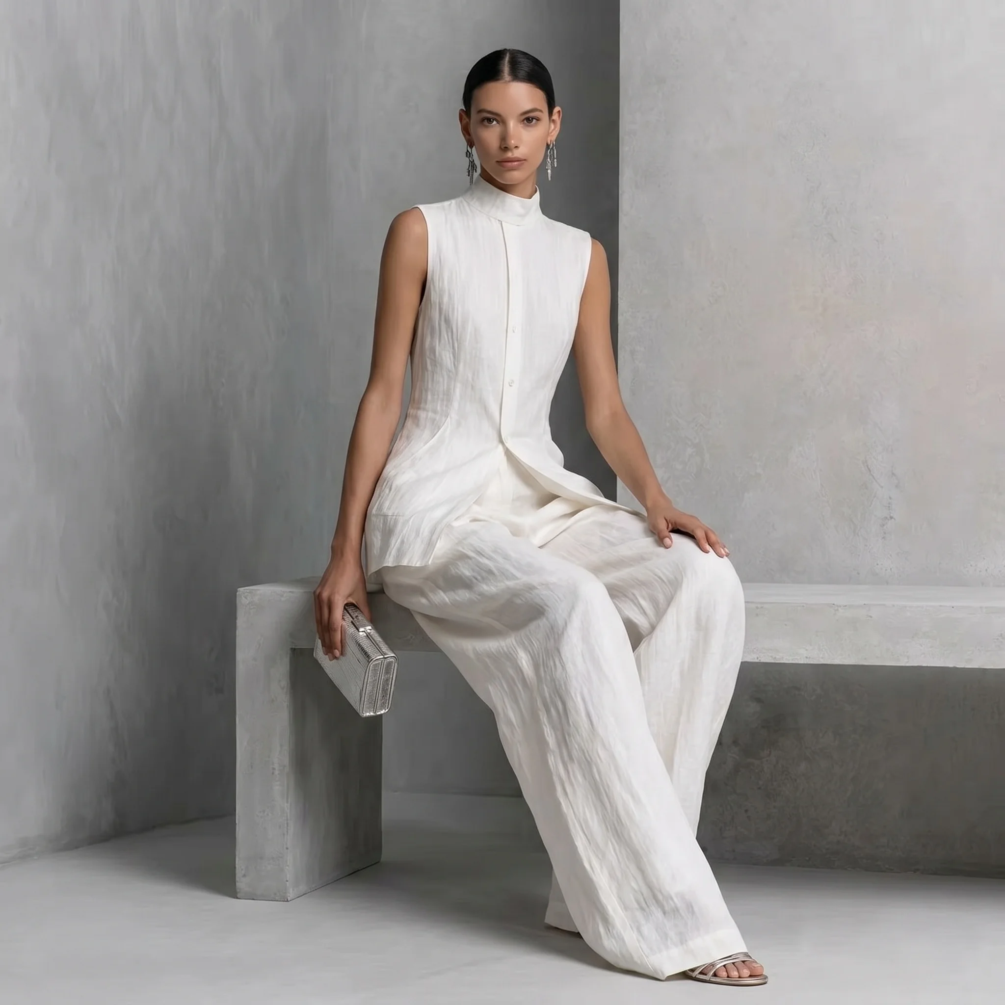Women's 2-Piece Linen Blend Outfit High Neck Sleeveless Button Top & Wide Leg Pants Elegant Minimalist Casual Matching Set
Women's 2-Piece Linen Blend Outfit High Neck Sleeveless Button Top & Wide Leg Pants Elegant Minimalist Casual Matching Set