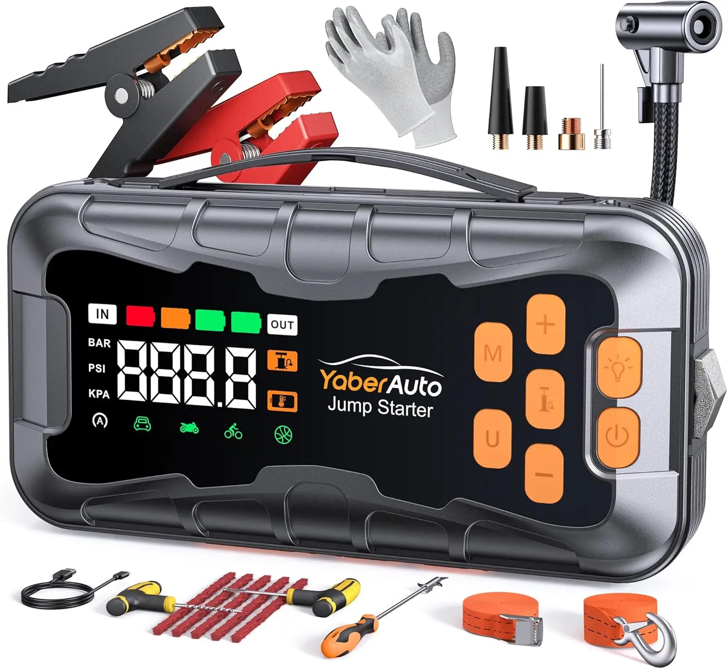 16-in-1 Jump Starter with Air Compressor 8000A 150PSI, Portable Car Battery Jumper for Gas & Diesel 12V
16-in-1 Jump Starter with Air Compressor 8000A 150PSI, Portable Car Battery Jumper for Gas & Diesel 12V