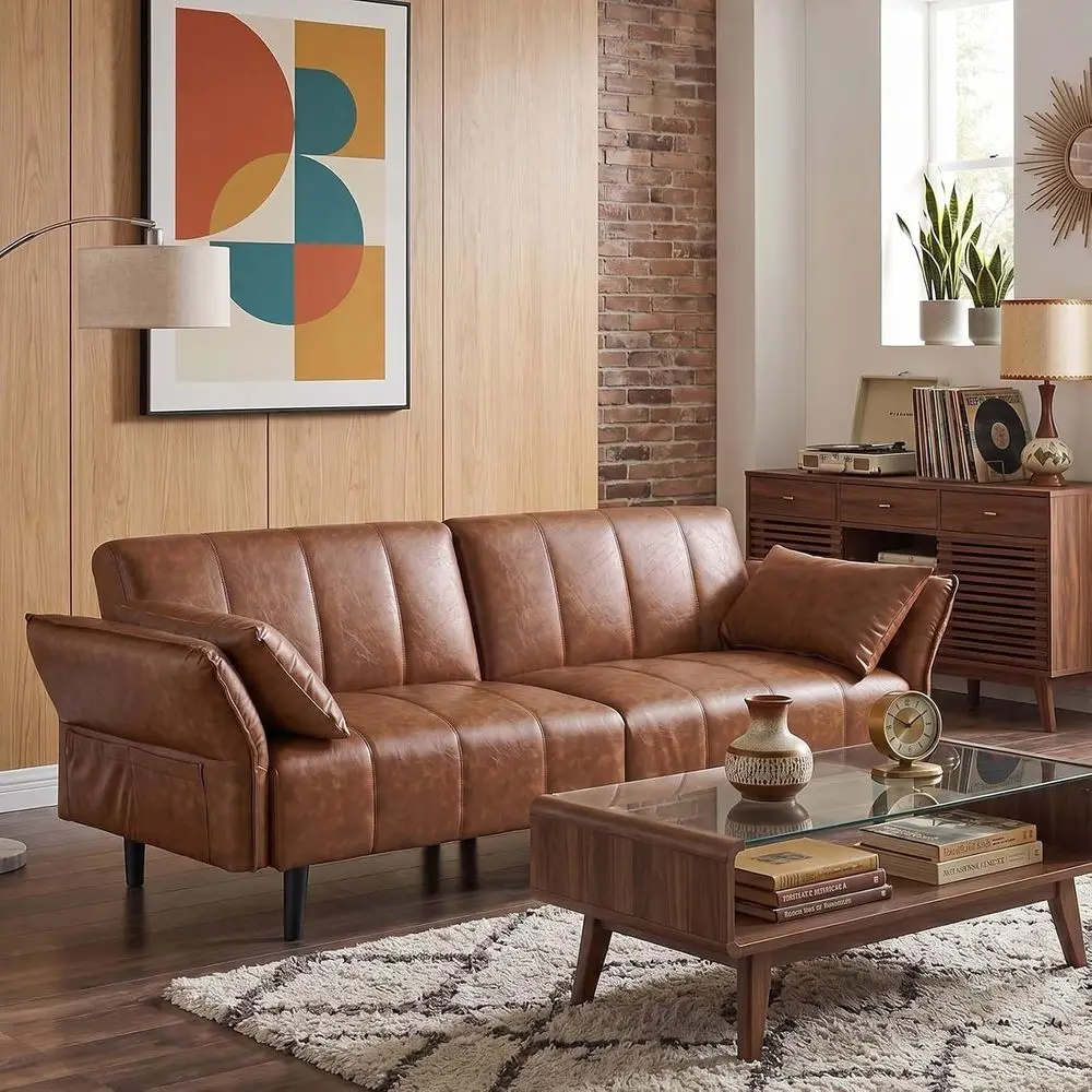 Convertible Leather Sofa with Adjustable Backrest, Armrest, 2 Pillows, Wooden & Steel Legs, Ideal for Living Room, Space-Saving,
Convertible Leather Sofa with Adjustable Backrest, Armrest, 2 Pillows, Wooden & Steel Legs, Ideal for Living Room, Space-Saving,