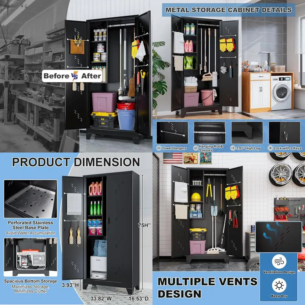 Прочный металлический шкаф для хранения на открытом воздухе 75 с замком, вентилируемой дверью, перфорированным стальным основанием, подвесной стержнем, крючками и легкой сборкой
Прочный металлический шкаф для хранения на открытом воздухе 75 с замком, вентилируемой дверью, перфорированным стальным основанием, подвесной стержнем, крючками и легкой сборкой
